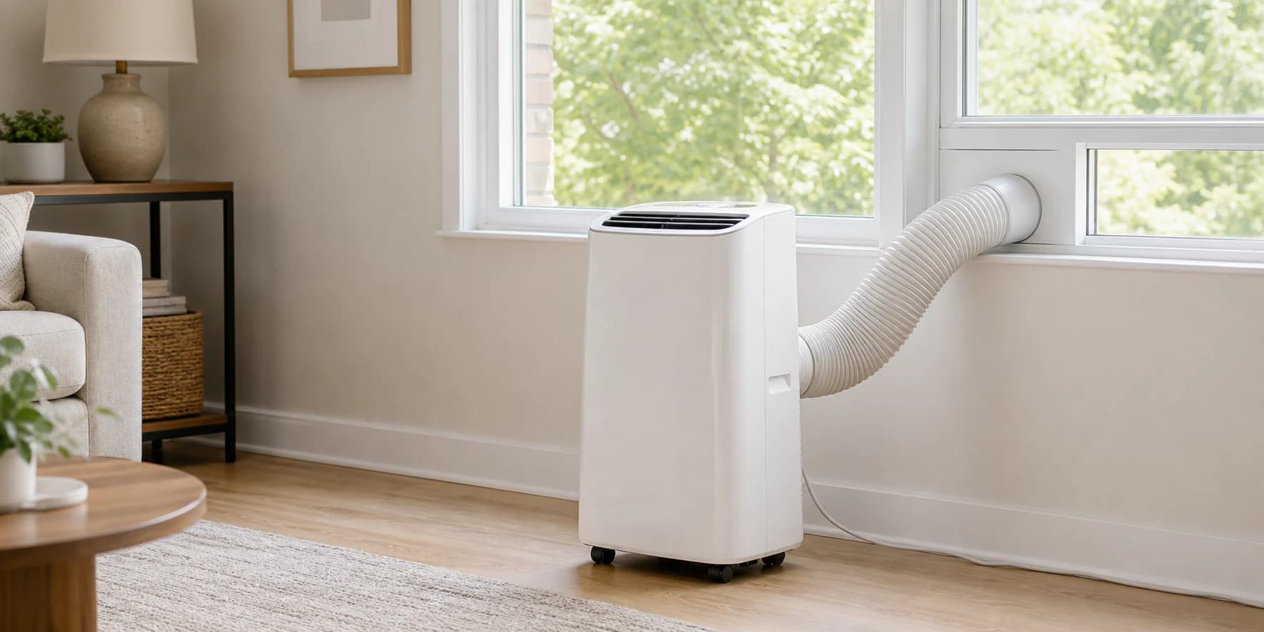 White portable air conditioner vented through an apartment window