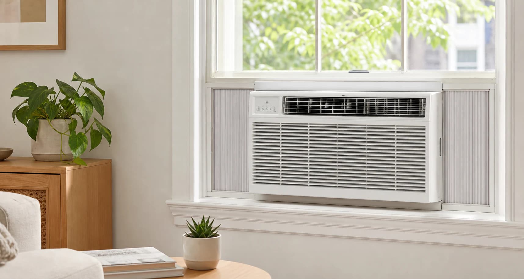 White window air conditioner installed in a bright apartment