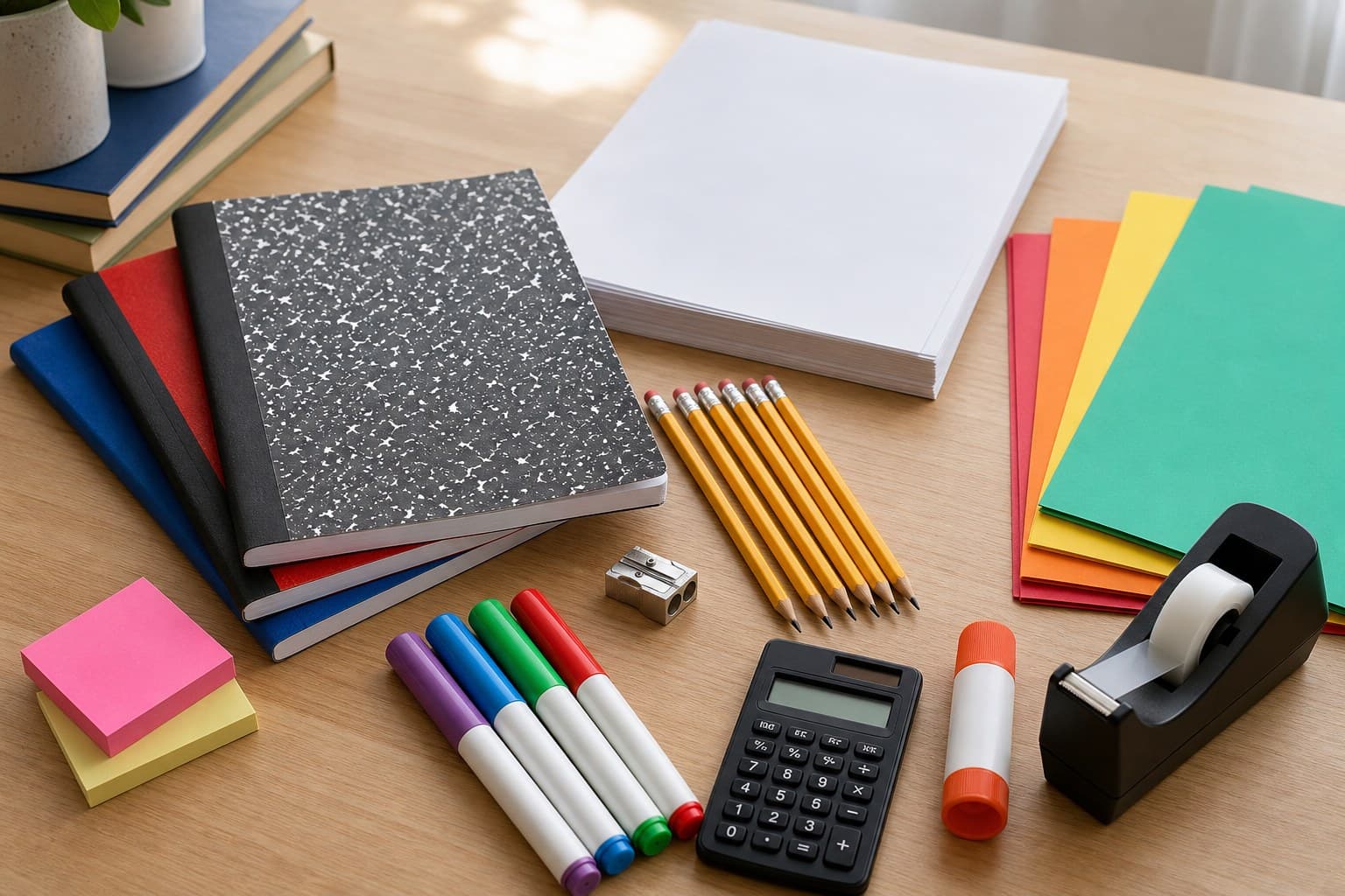Back-to-school desk with notebooks, pencils, paper, folders, sticky notes, markers, calculator, glue, and tape