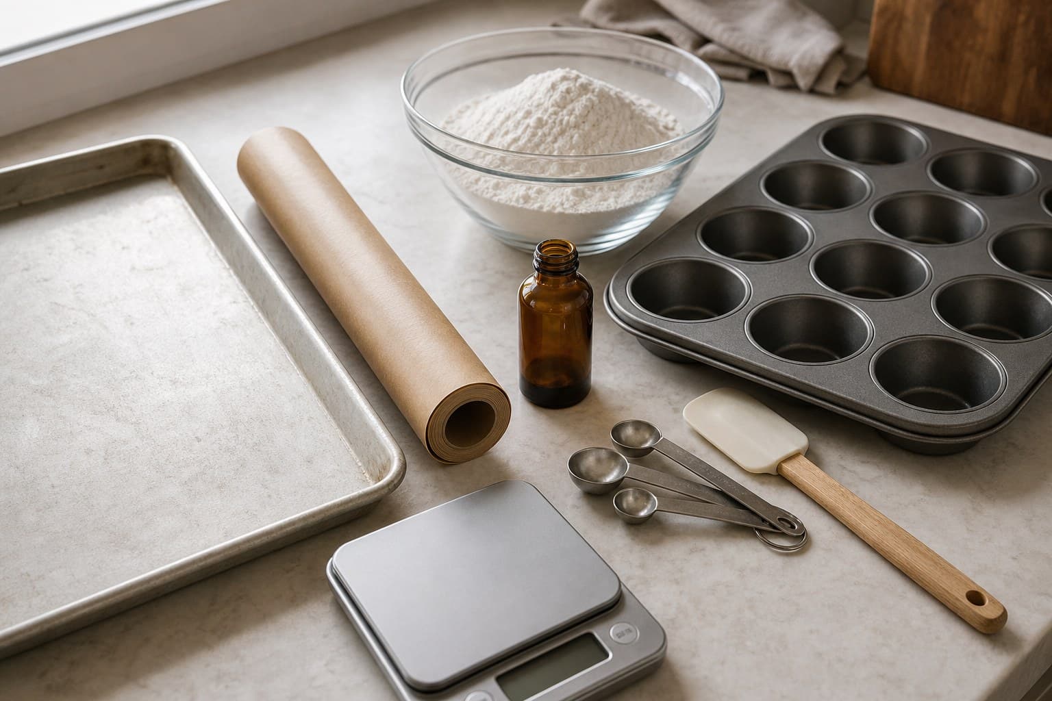 Baking counter with sheet pan, parchment roll, muffin pan, vanilla, flour, and digital scale