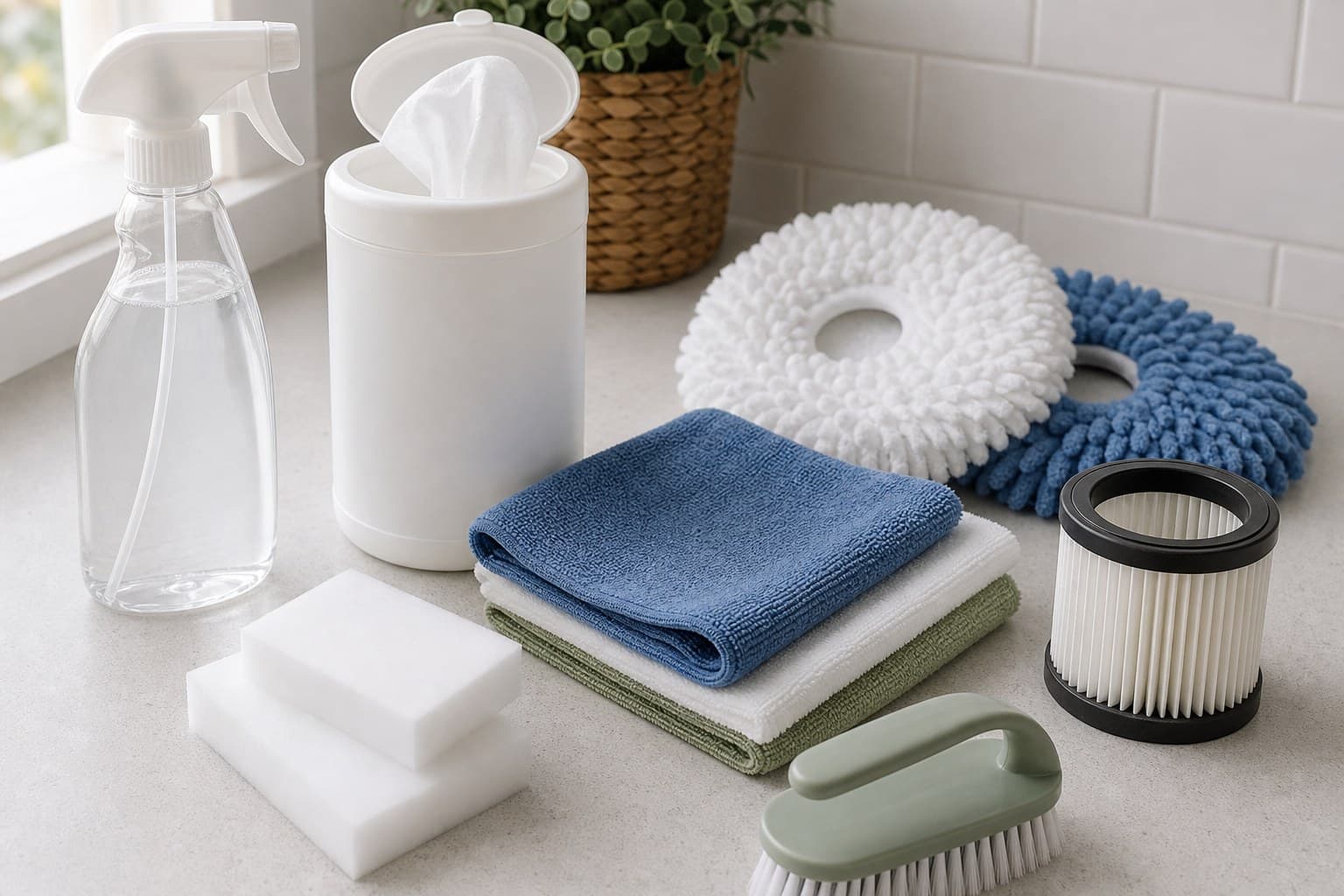 Cleaning counter with spray bottle, wipes, microfiber cloths, mop pads, vacuum filter, and cleaning erasers