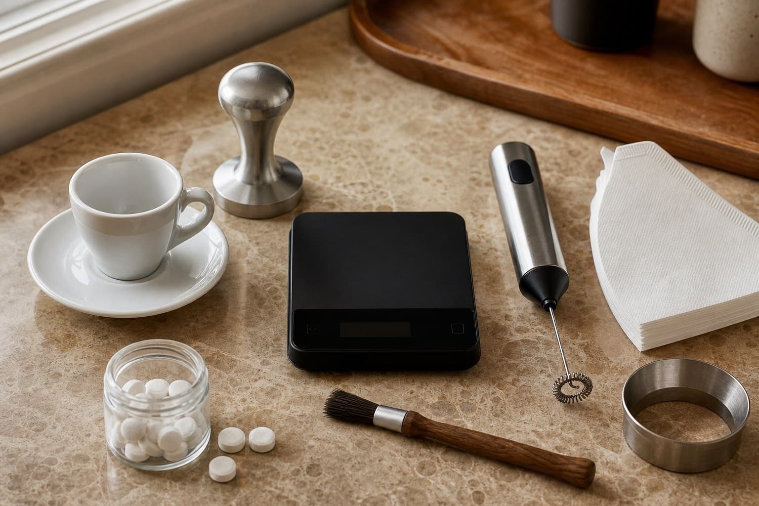 Coffee station with espresso cup, tamper, scale, milk frother, paper filters, and cleaning tablets