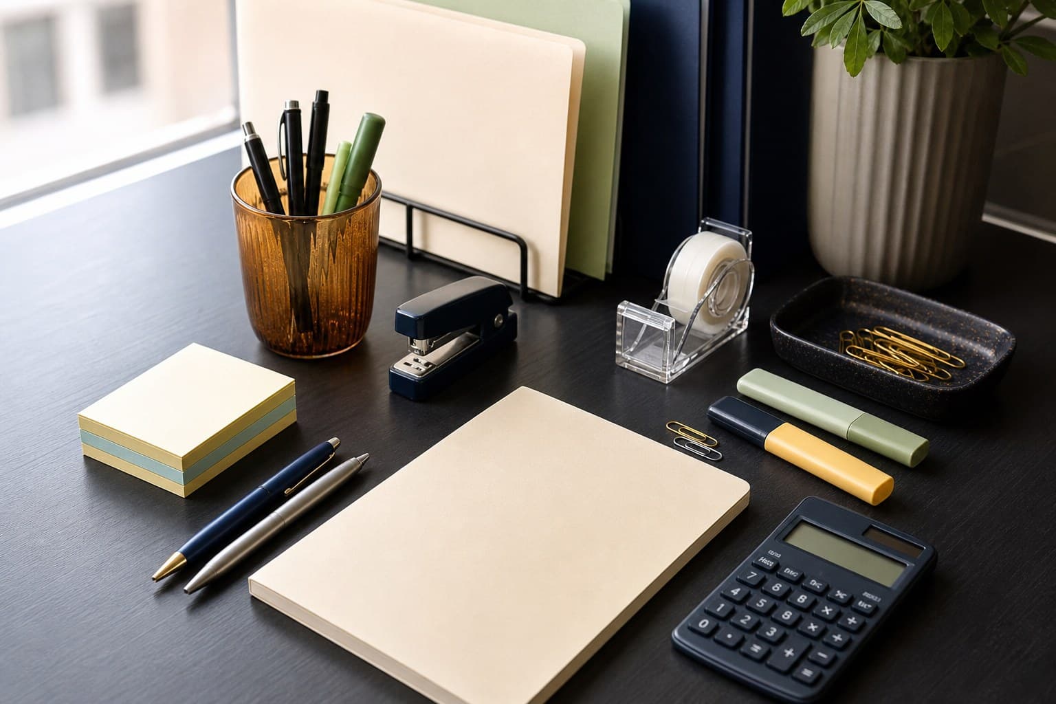 Home-office desk with pens, sticky notes, tape, folders, highlighters, and a calculator