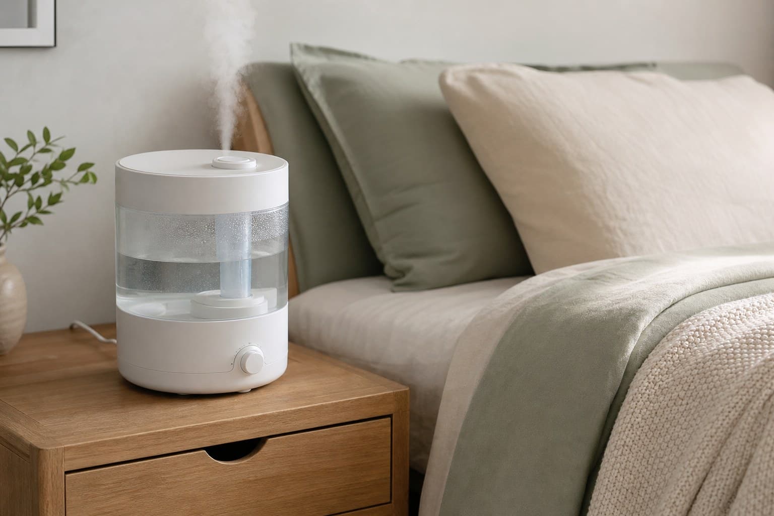 Cool-mist humidifier on a bedside table in a softly lit bedroom