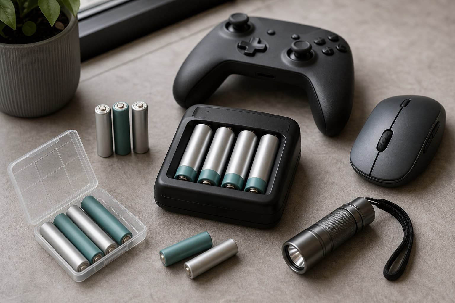 Rechargeable battery charger with matched AA and AAA sets, storage case, controller, mouse, and flashlight