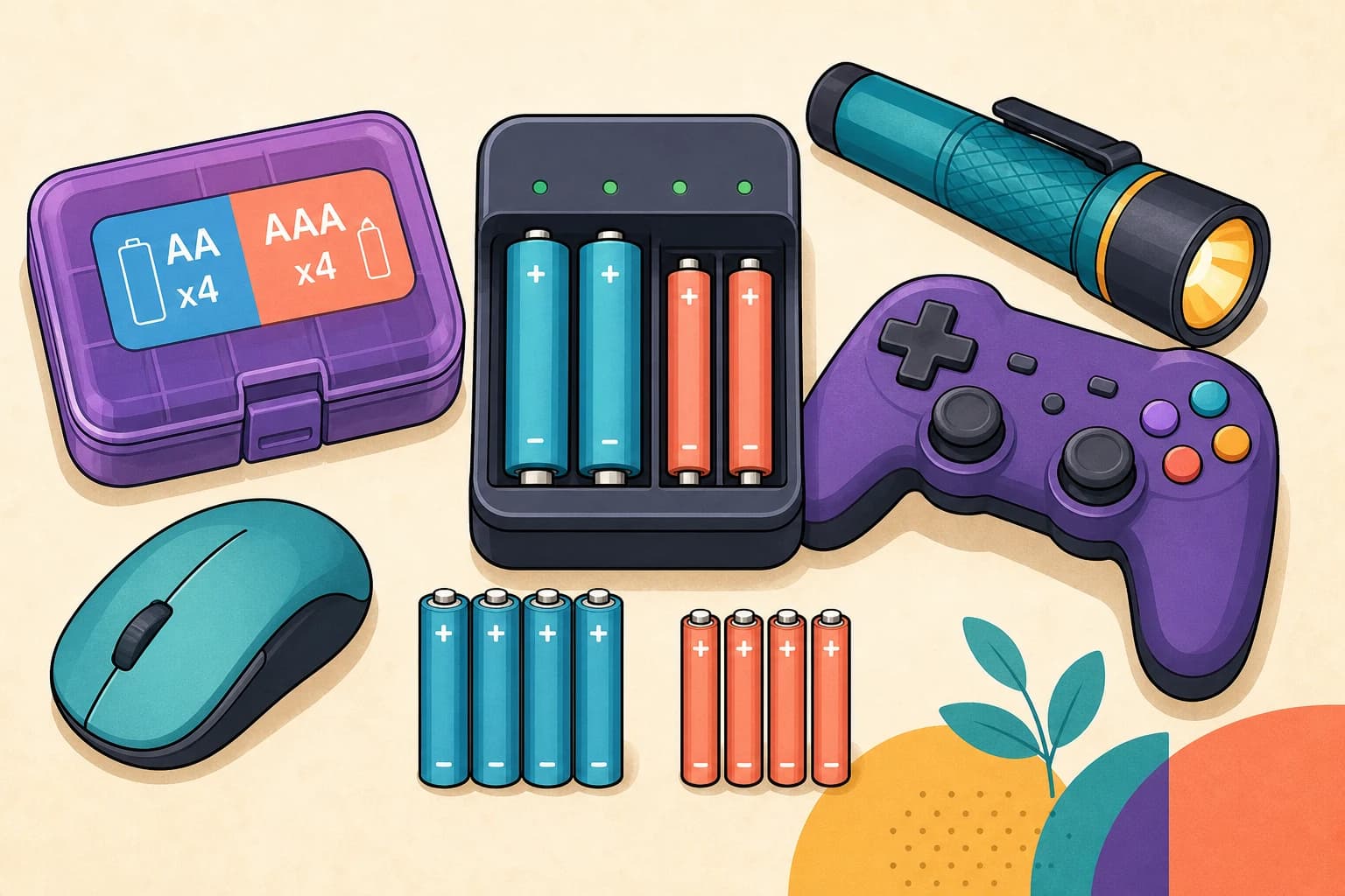 Illustrated rechargeable battery charger with matched AA and AAA sets, storage case, controller, mouse, and flashlight
