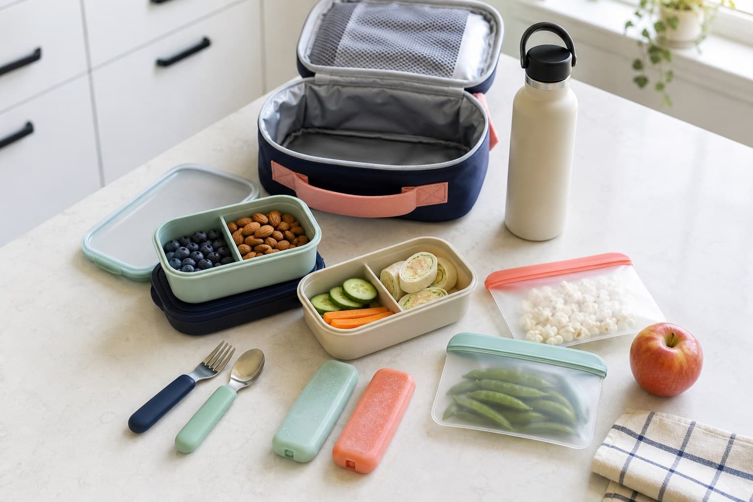 School lunch kit with insulated bag, containers, water bottle, ice packs, snack bags, and utensils