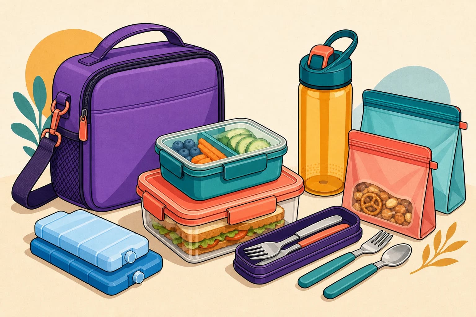 Illustrated school lunch kit with insulated bag, containers, water bottle, ice packs, snack bags, and utensils