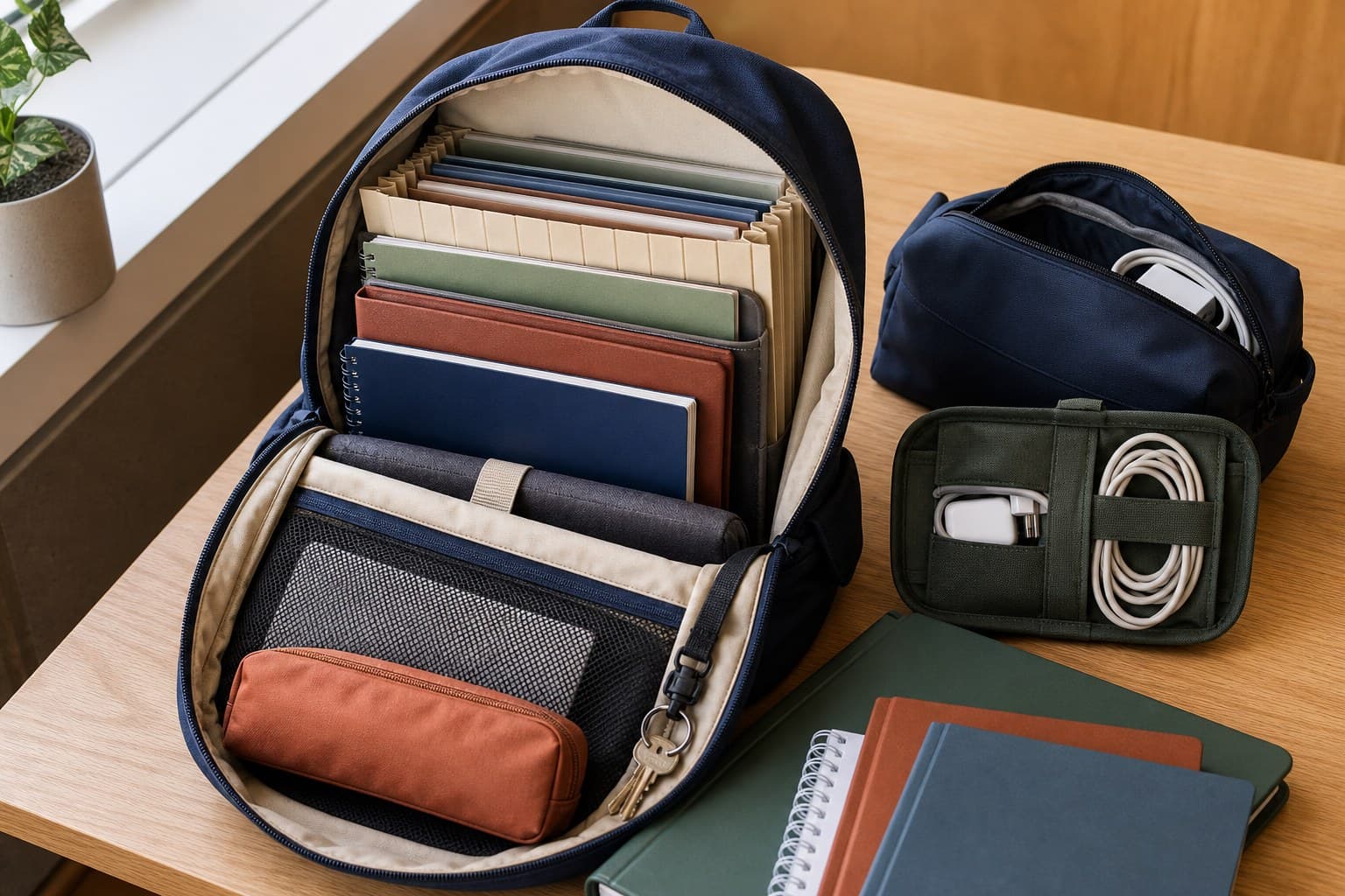 Open student backpack with file, folders, pencil pouch, binder, key clip, and tech organizer