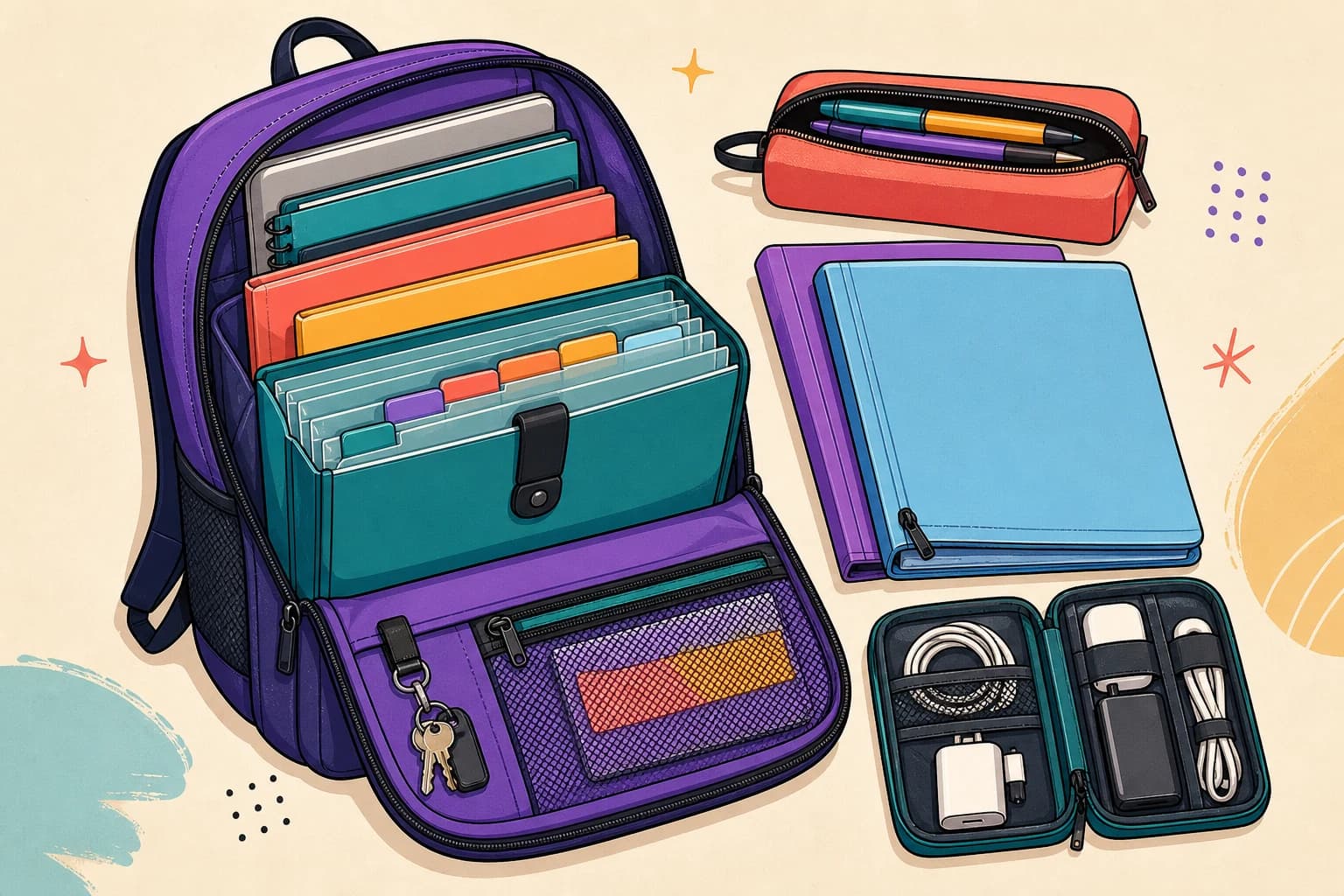 Illustrated open student backpack with file, folders, pencil pouch, binder, key clip, and tech organizer