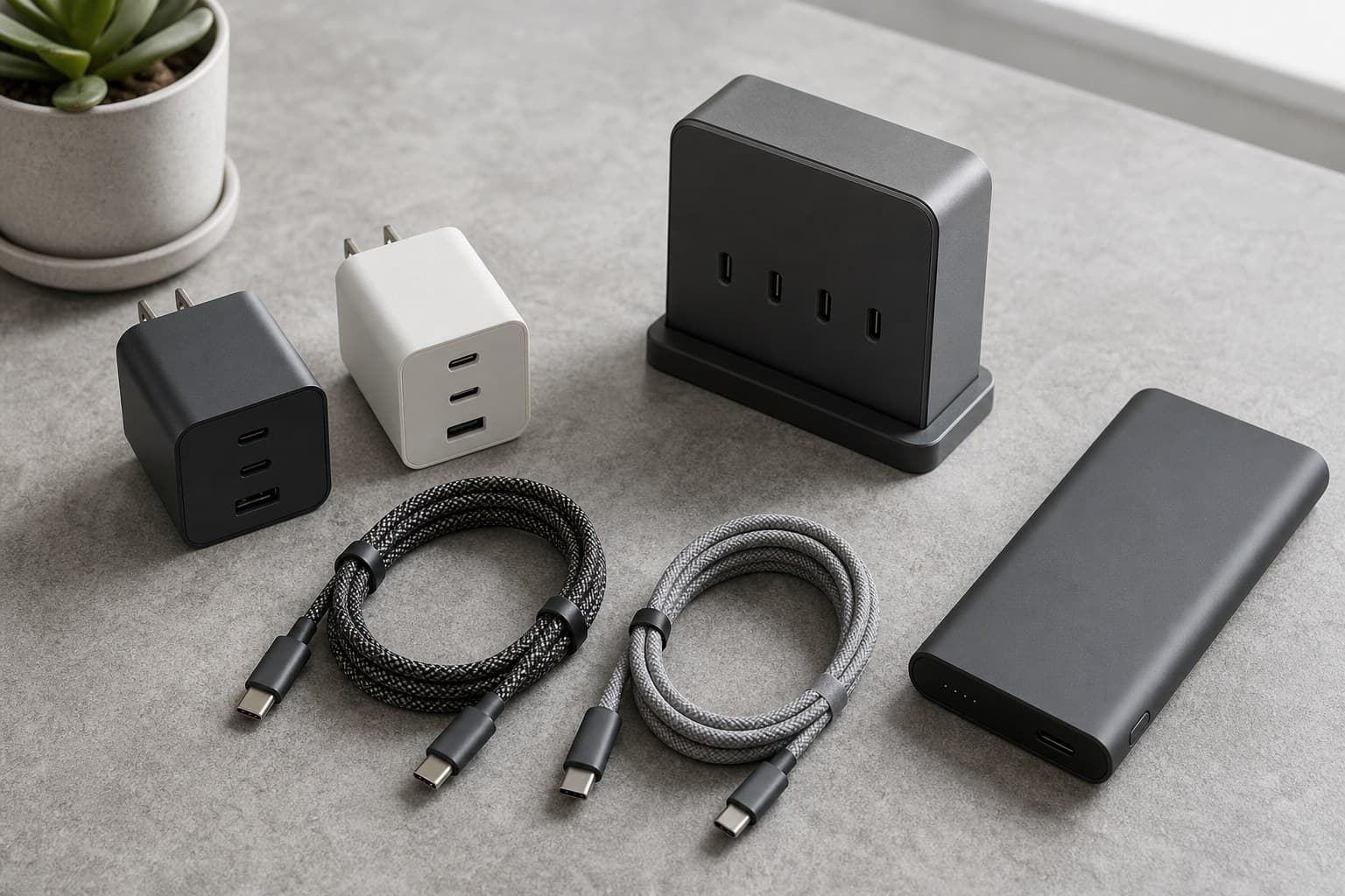 USB-C charging kit with compact wall chargers, charging station, braided cables, and power bank