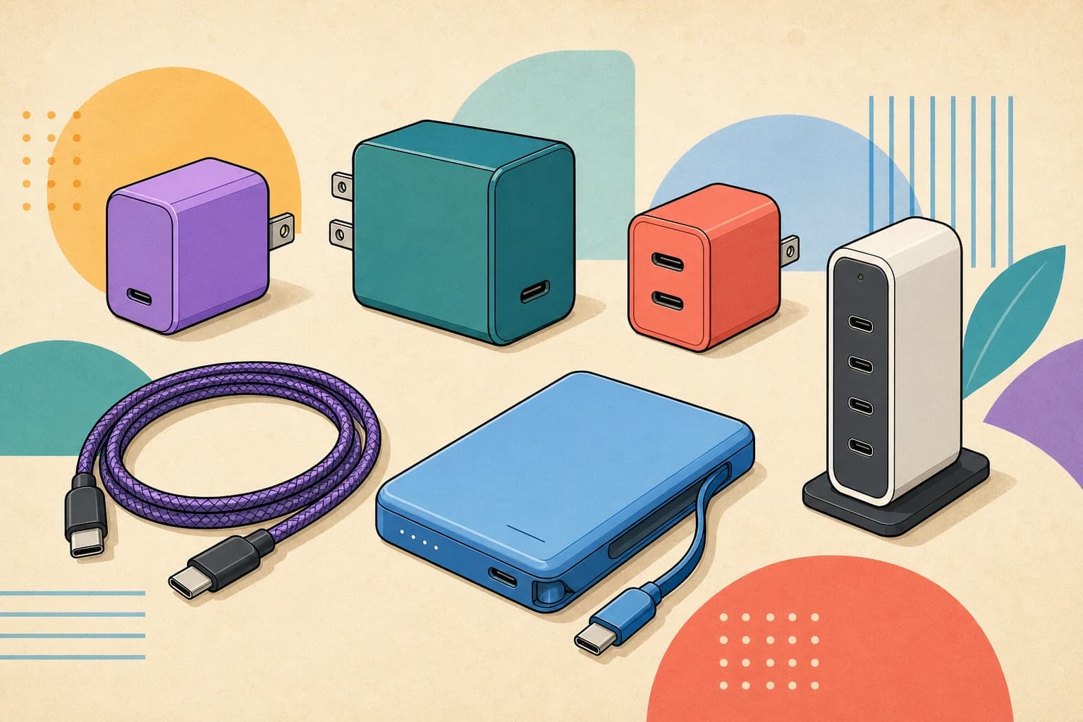 Illustrated USB-C charging kit with compact wall chargers, charging station, braided cable, and power bank